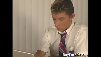 Twinks in uniform fuck after long and sloppy cock sucking