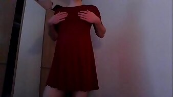 Secretary crossdresser tits stimulation in sexy red dress